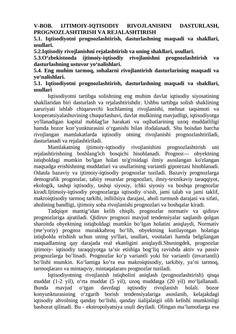 IJTIMOIY-IQTISODIY RIVOJLANISHNI DASTURLASH, PROGNOZLASHTIRISH VA REJALASHTIRISH