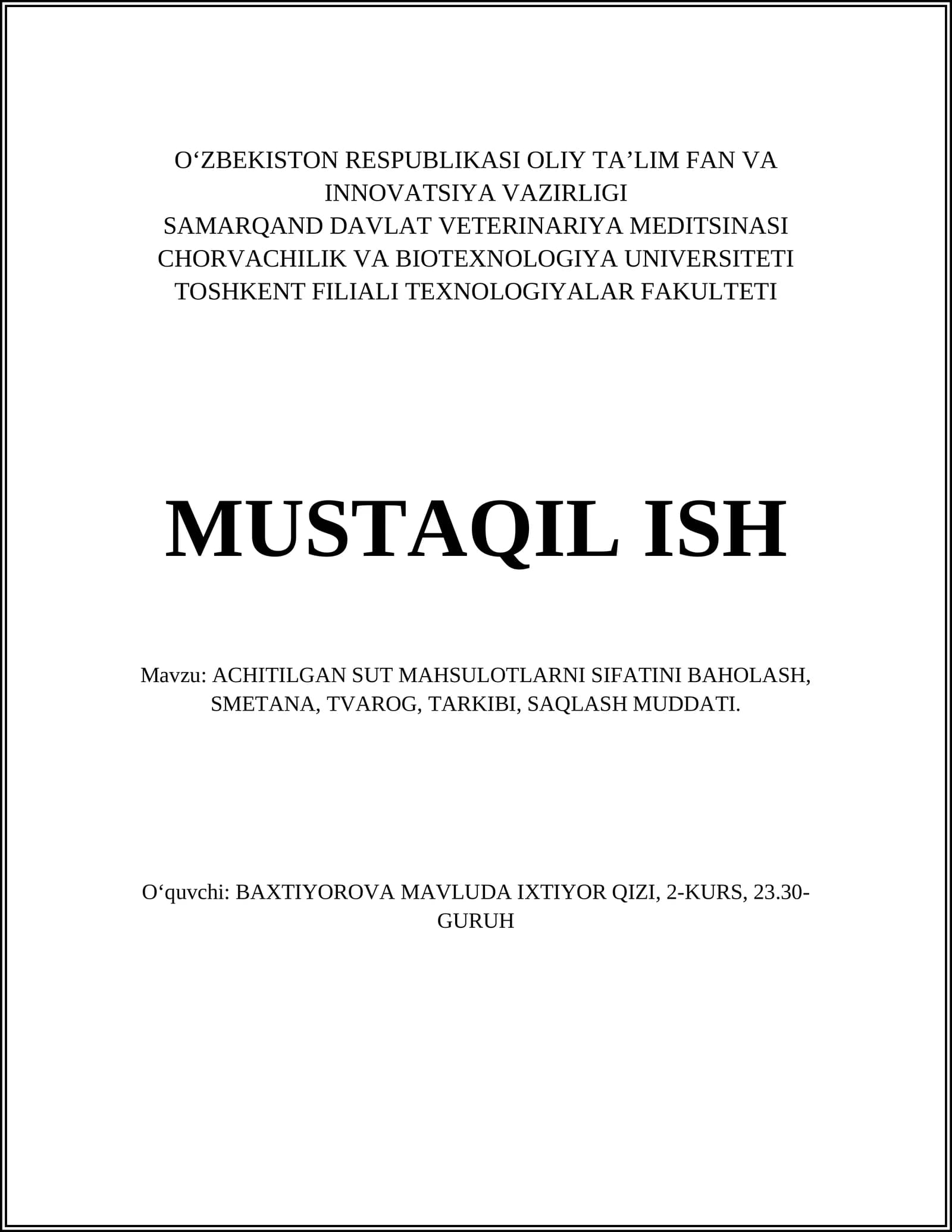 ACHITILGAN SUT MAHSULOTLARNI SIFATINI BAHOLASH
