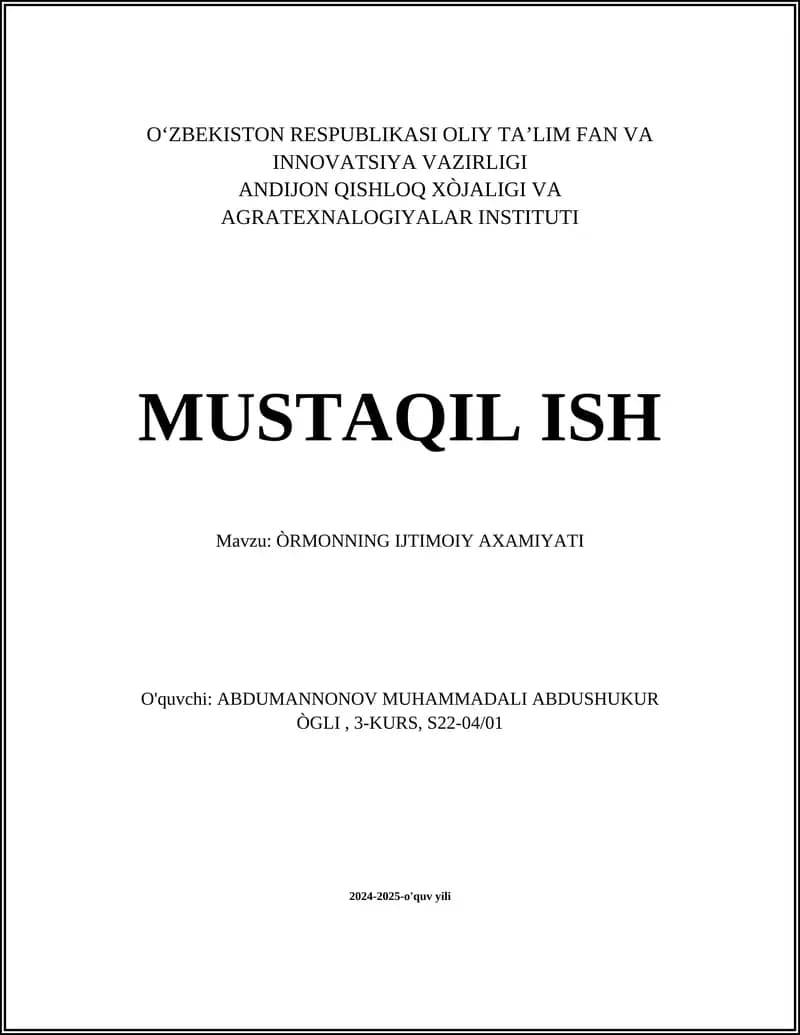 ÒRMONNING IJTIMOIY AXAMIYATI