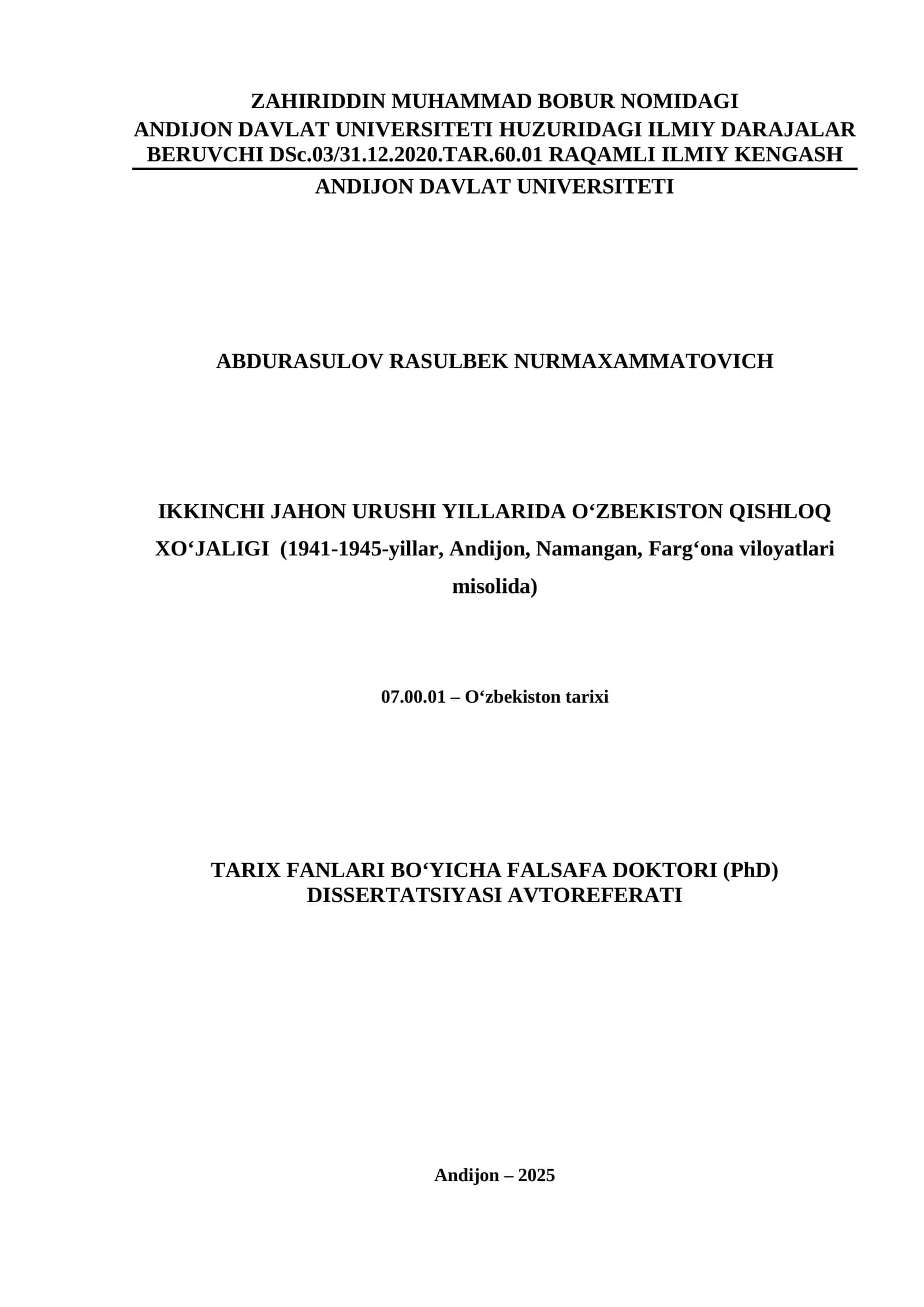 IKKINCHI JAHON URUSHI YILLARIDA O‘ZBEKISTON QISHLOQ XO'JALIGI