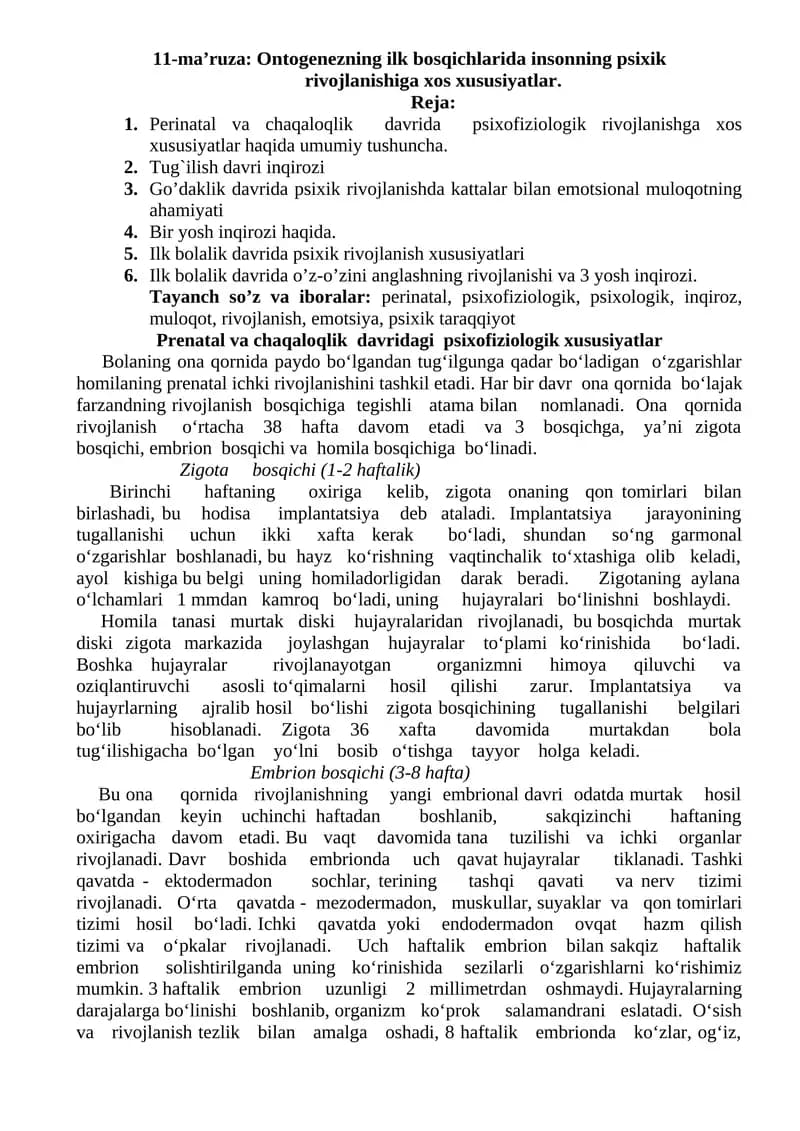 Prenatal va chaqaloqlik davridagi psixofiziologik xususiyatlar