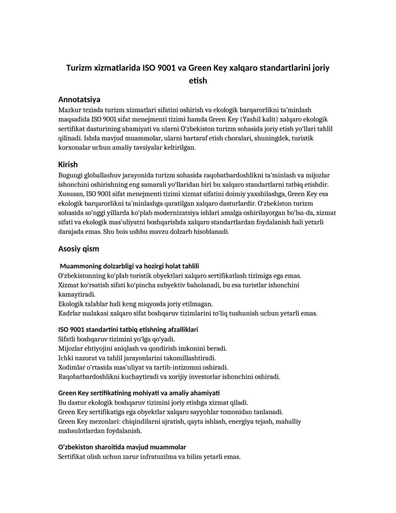 Turizm xizmatlarida ISO 9001 va Green Key xalqaro standartlarini joriy etish