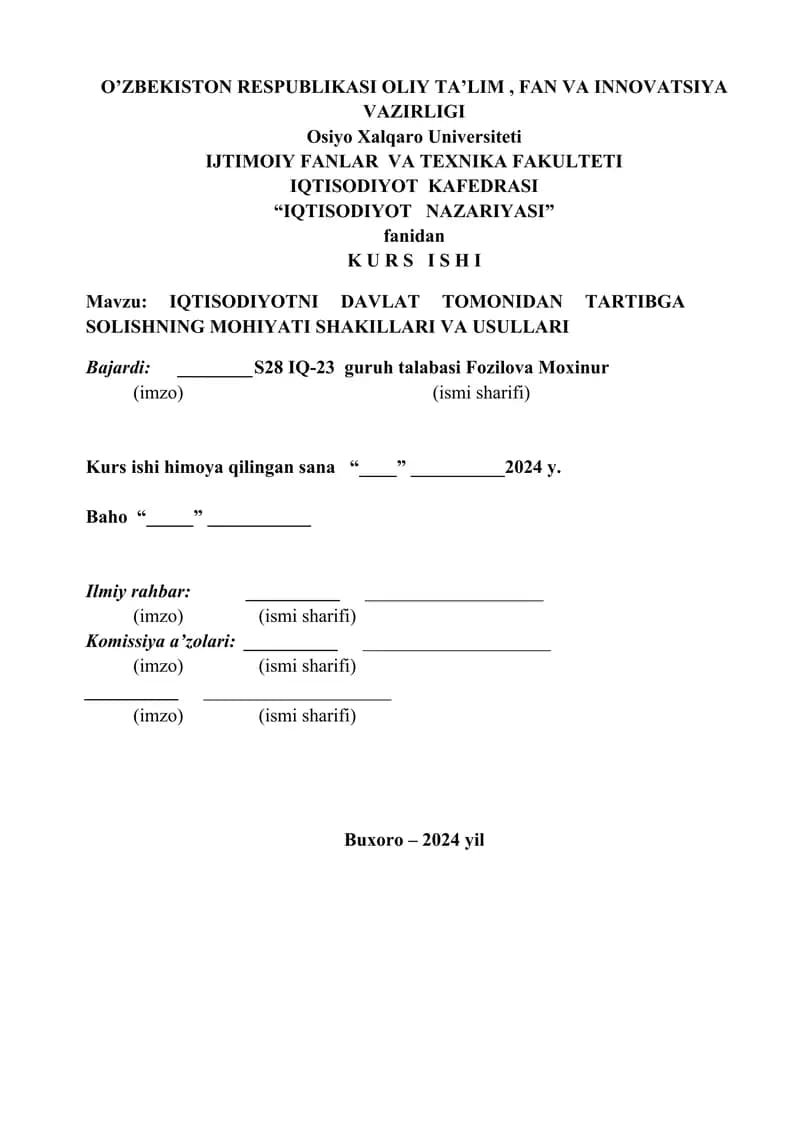IQTISODIYOTNI DAVLAT TOMONIDAN TARTIBGA SOLISHNING MOHIYATI SHAKILLARI VA USULLARI