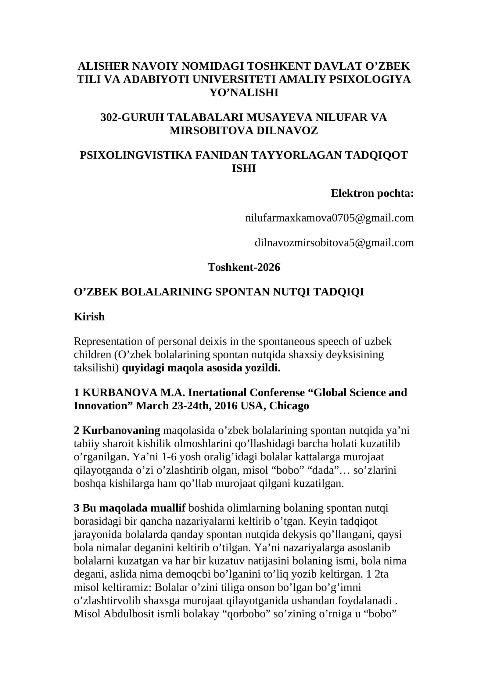 O'zbek bolalarining spontan nutqida shaxsiy deyksisining taksilishi