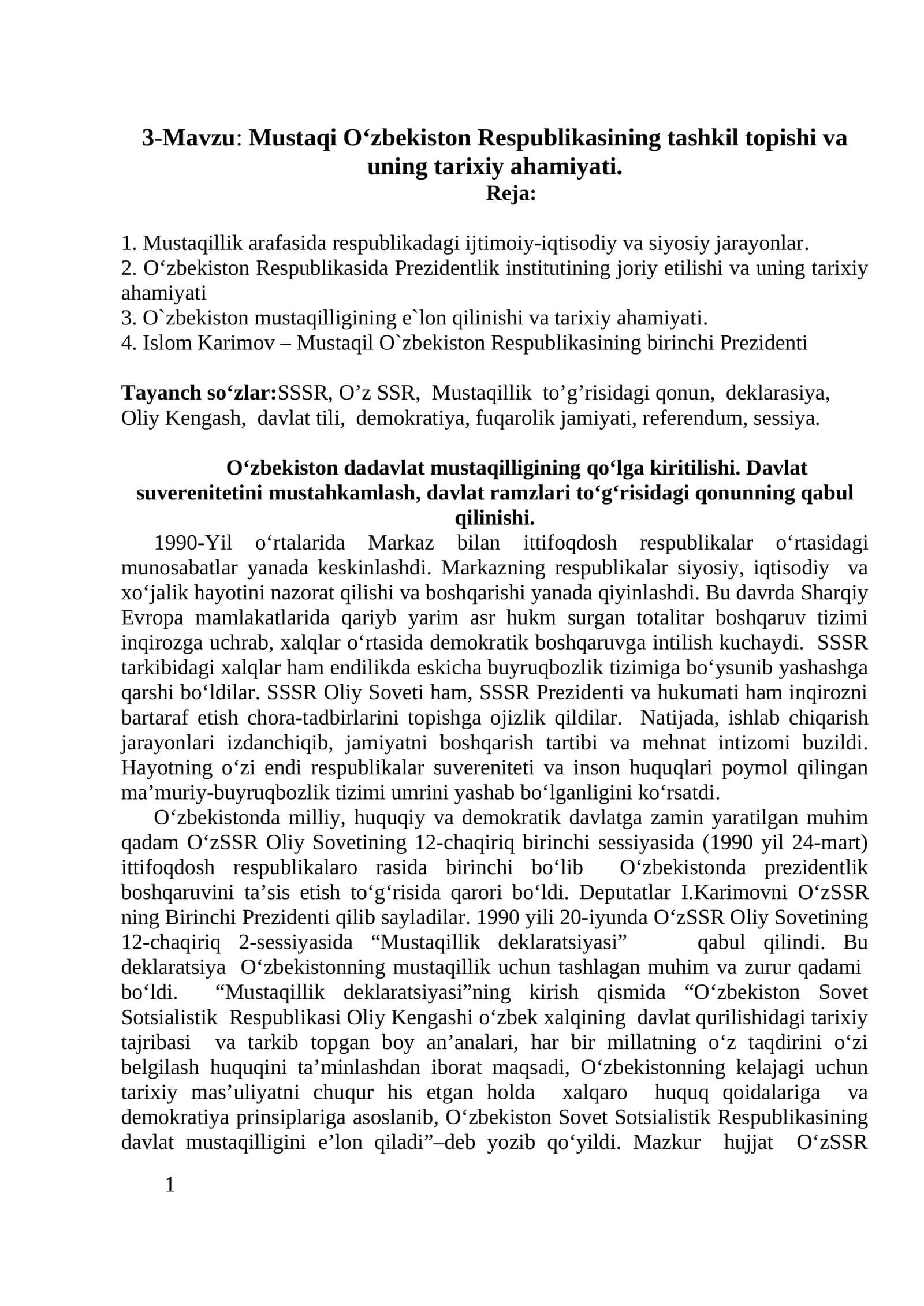 O‘zbekiston Respublikasining tashkil topishi va tarixiy ahamiyati