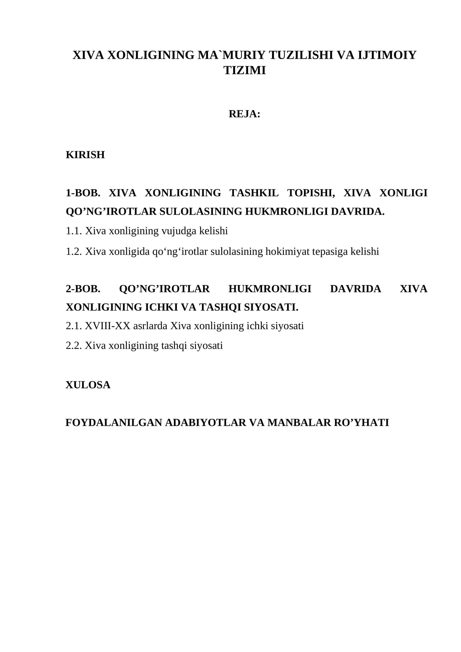 XIVA XONLIGINING MA`MURIY TUZILISHI VA IJTIMOIY TIZIMI