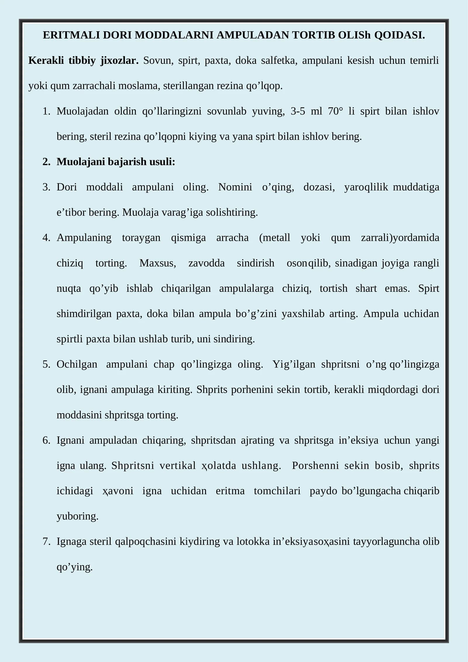 ERITMALI DORI MODDALARNI AMPULADAN TORTIB OLISh QOIDASI