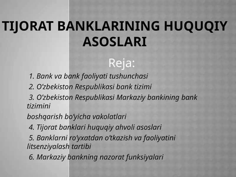 Tijoratbanklarining huquqiy asoslari