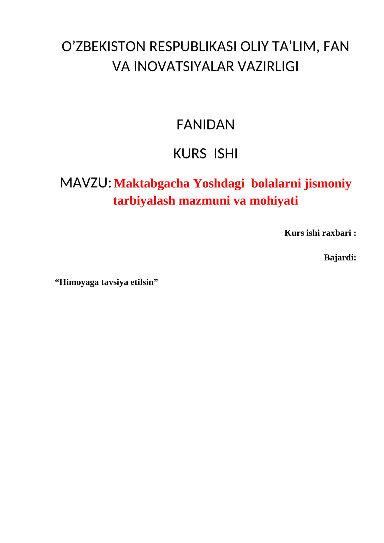 Maktabgacha Yoshdagi bolalarni jismoniy tarbiyalash mazmuni va mohiyati