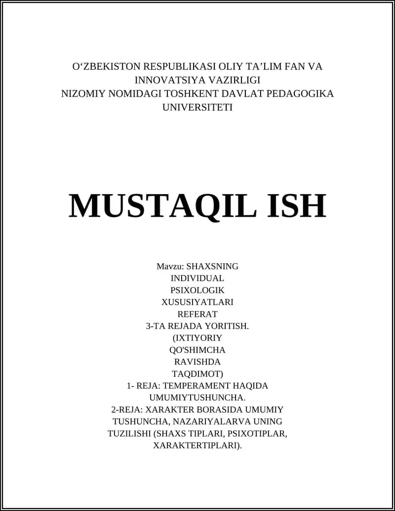 SHAXSNING INDIVIDUAL PSIXOLOGIK XUSUSIYATLARI REFERAT