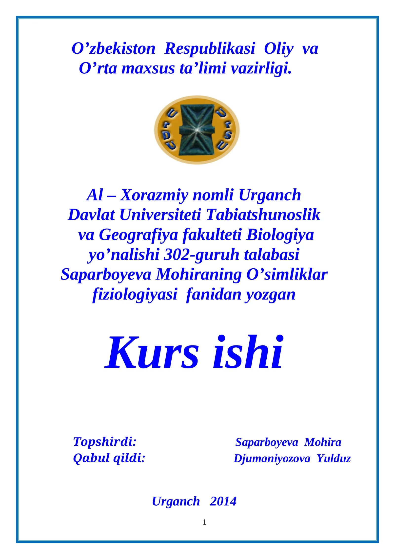 O’simliklar fiziologiyasi fanidan yozgan Kurs ishi