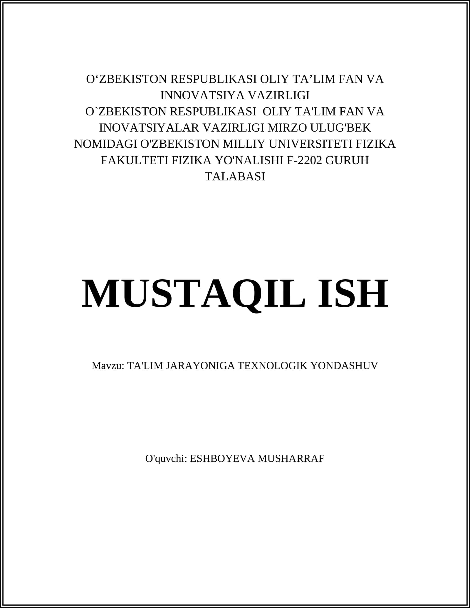 TA'LIM JARAYONIGA TEXNOLOGIK YONDASHUV