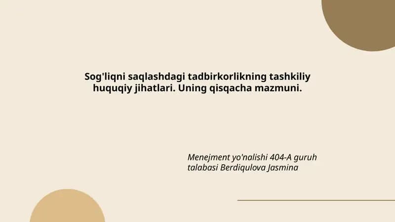 Sog'liqni saqlashdagi tadbirkorlikning tashkiliy huquqiy jihatlari
