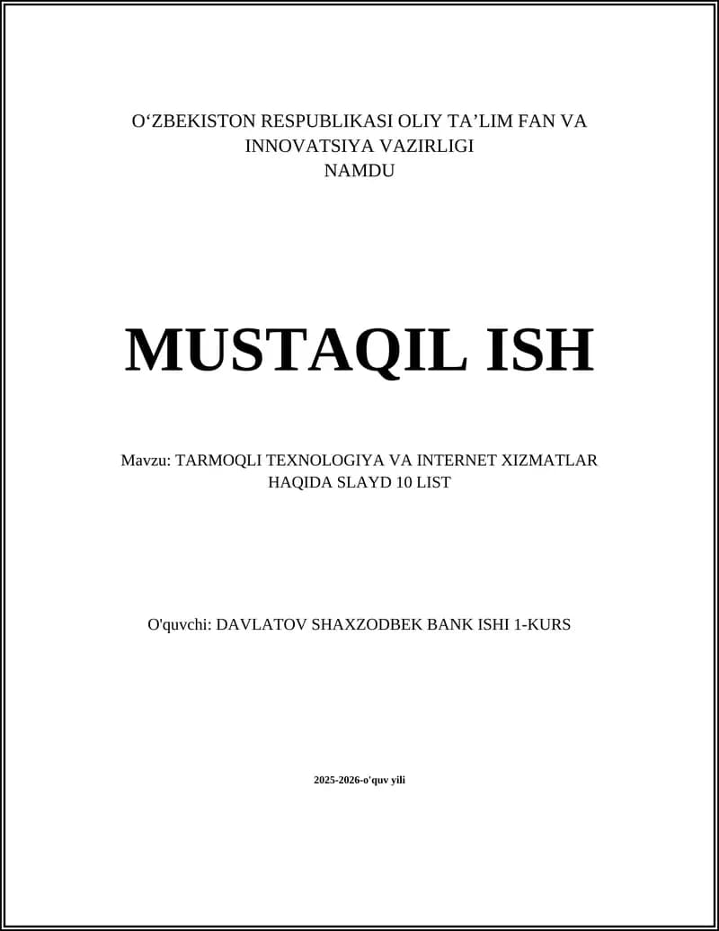 TARMOQLI TEXNOLOGIYA VA INTERNET XIZMATLAR HAQIDA SLAYD 10 LIST