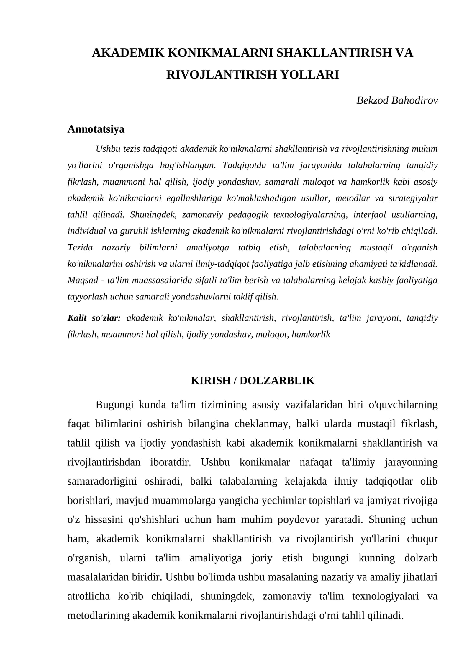 AKADEMIK KONIKMALARNI SHAKLLANTIRISH VA RIVOJLANTIRISH YOLLARI