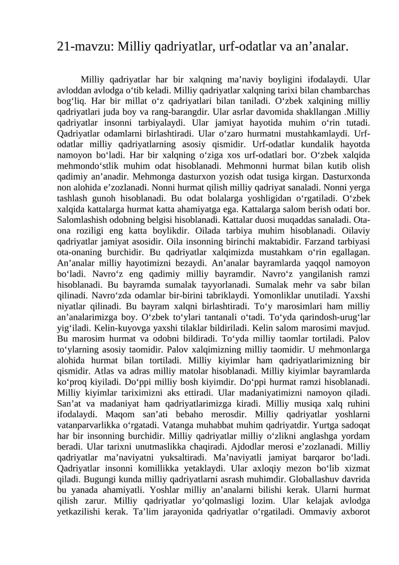 Milliy qadriyatlar, urf-odatlar va an’analar.