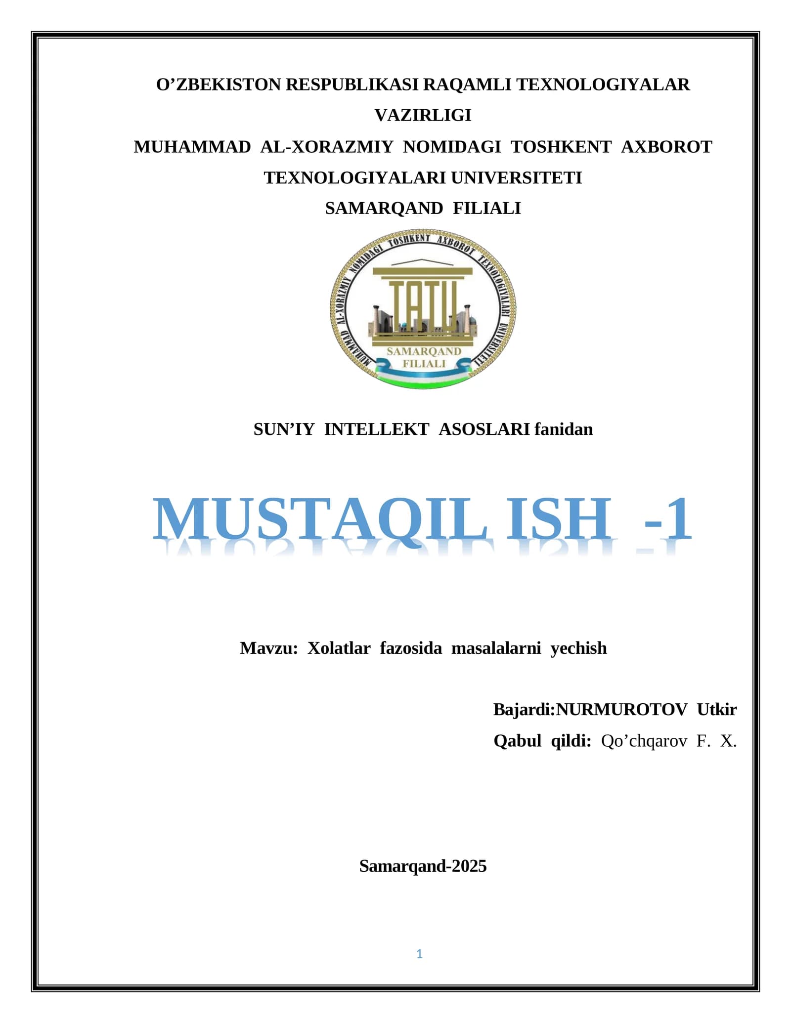 Xolatlar fazosida masalalarni yechish