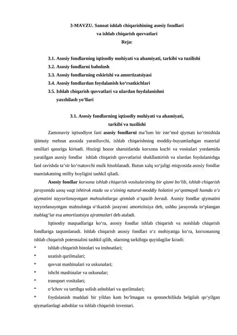 Sanoat ishlab chiqarishining asosiy fondlari  va ishlab chiqarish quvvatlari