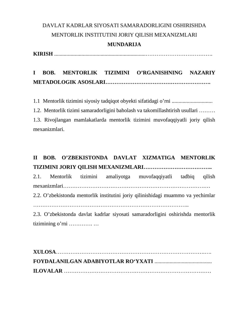DAVLAT KADRLAR SIYOSATI SAMARADORLIGINI OSHIRISHDA MENTORLIK INSTITUTINI JORIY QILISH MEXANIZMLARI