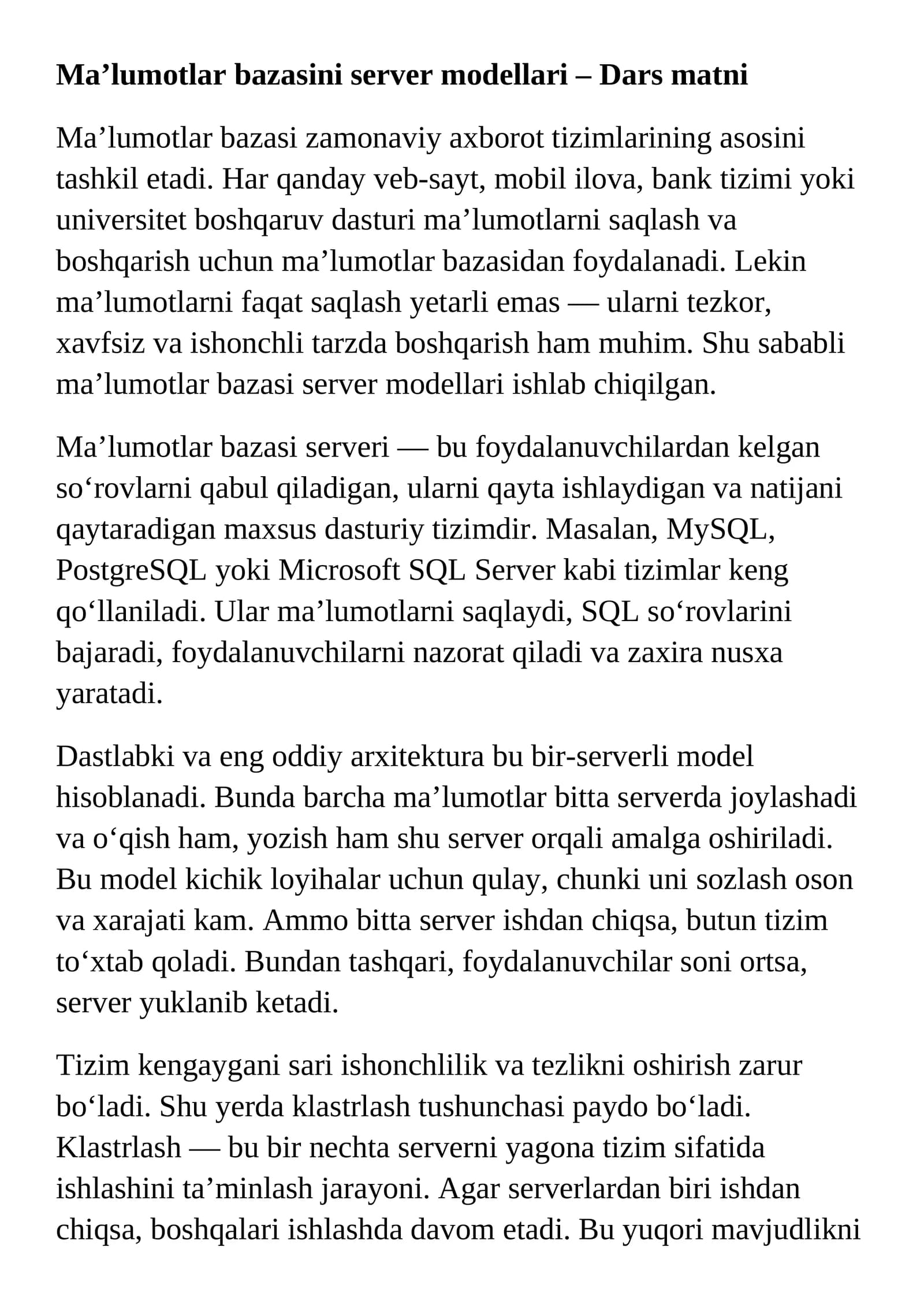 Ma’lumotlar bazasini server modellari – Dars matni