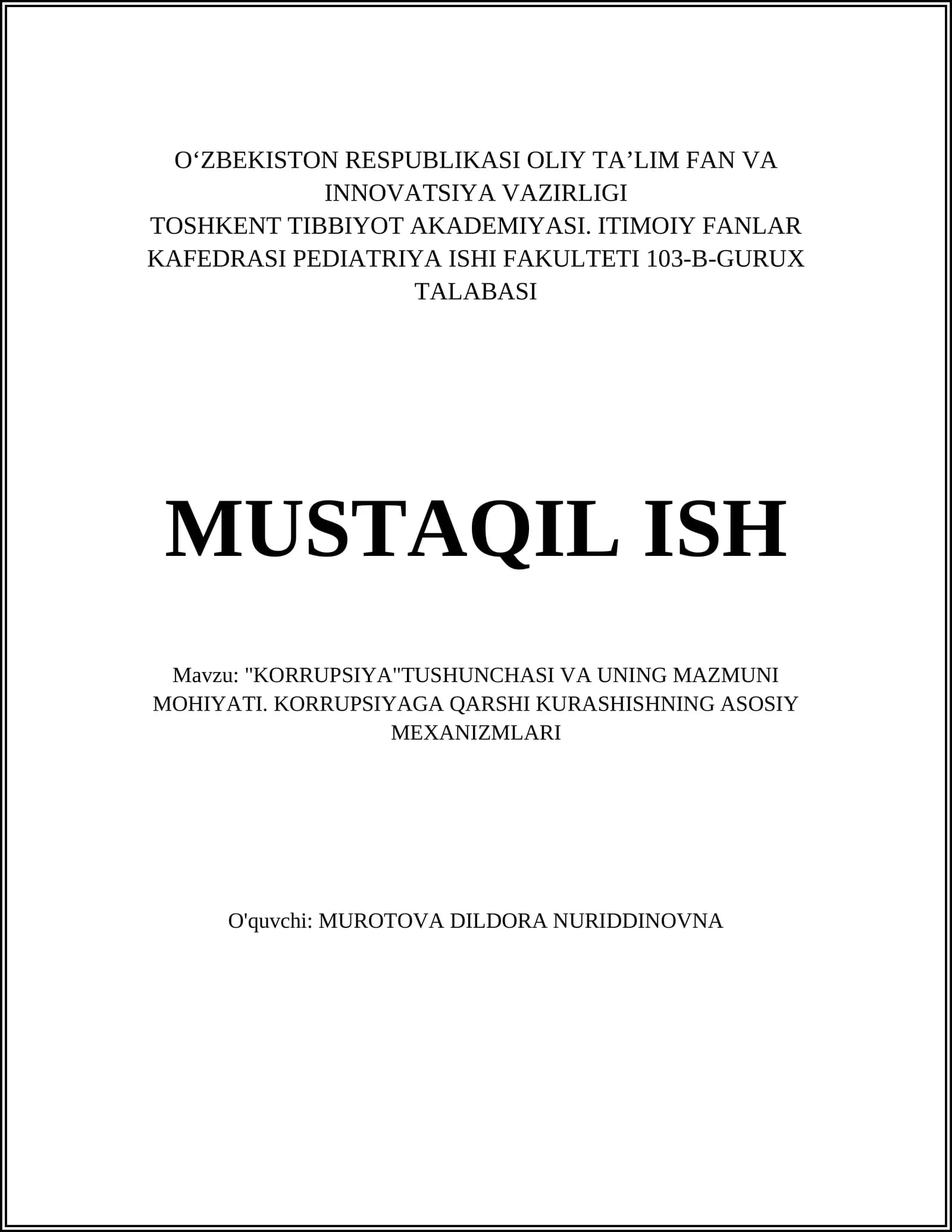 KORRUPSIYA TUSHUNCHASI VA UNING MAZMUNI MOHIYATI
