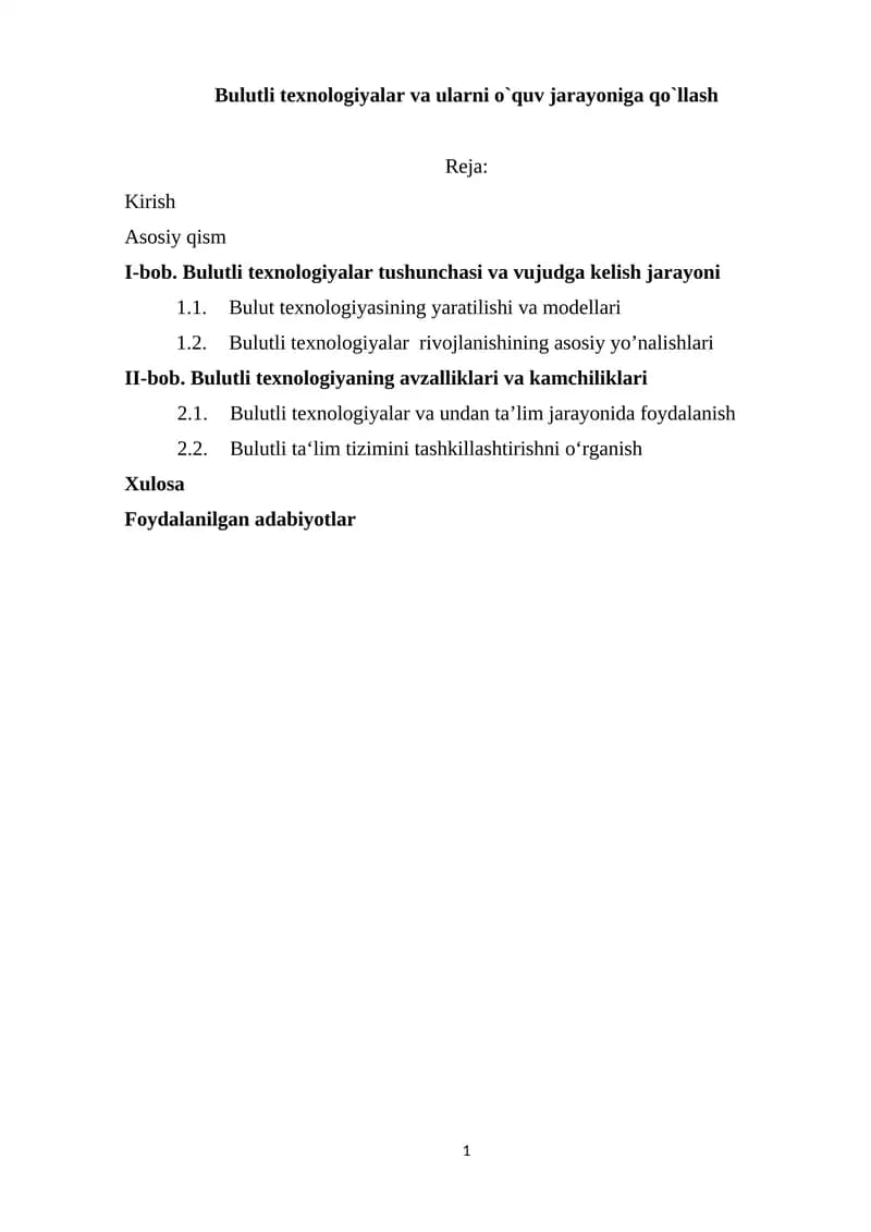 Bulutli texnologiyalar va ularni o`quv jarayoniga qo`llash