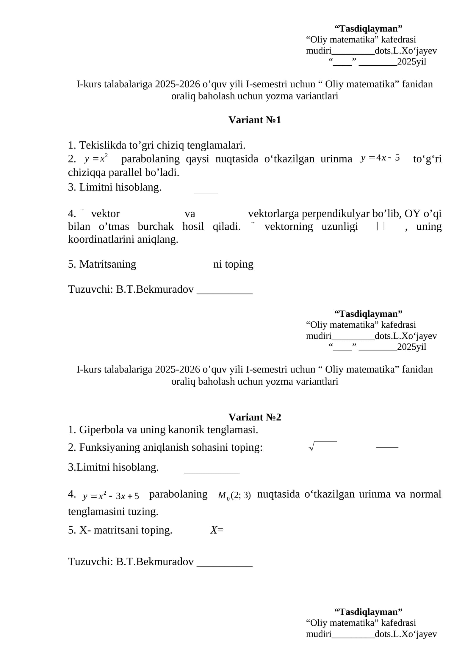 Oliy matematika fanidan oraliq baholash variantlari