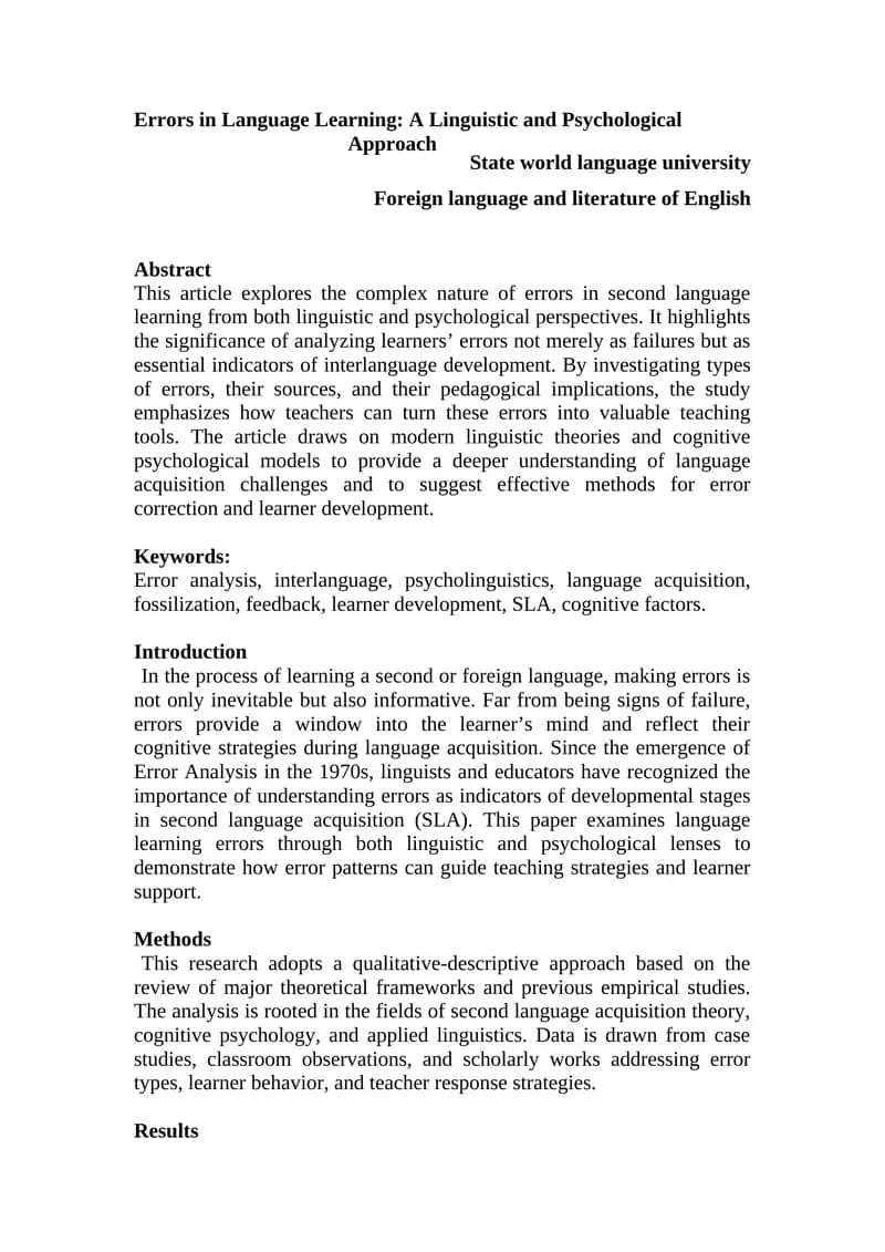 Errors in Language Learning: A Linguistic and Psychological Approach
