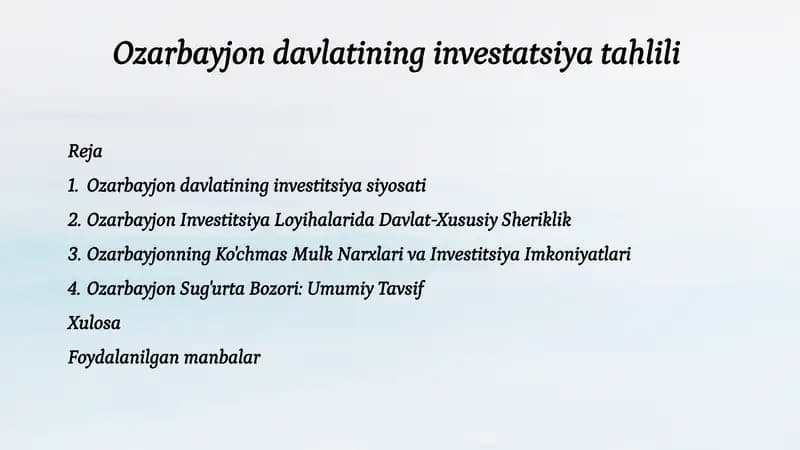 Ozarbayjon davlatining investatsiya tahlili