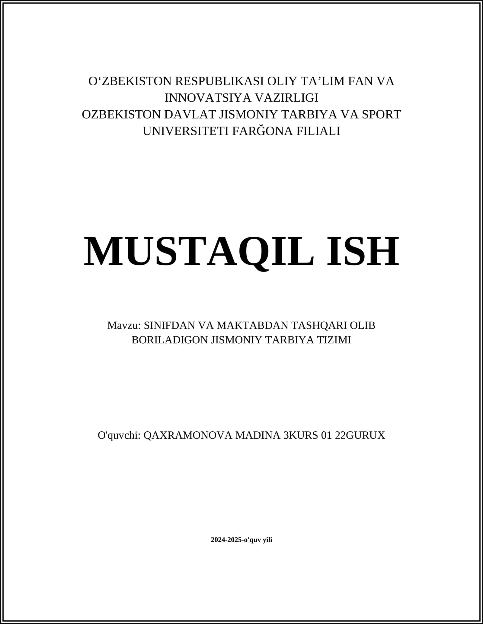 SINIFDAN VA MAKTABDAN TASHQARI OLIB BORILADIGON JISMONIY TARBIYA TIZIMI