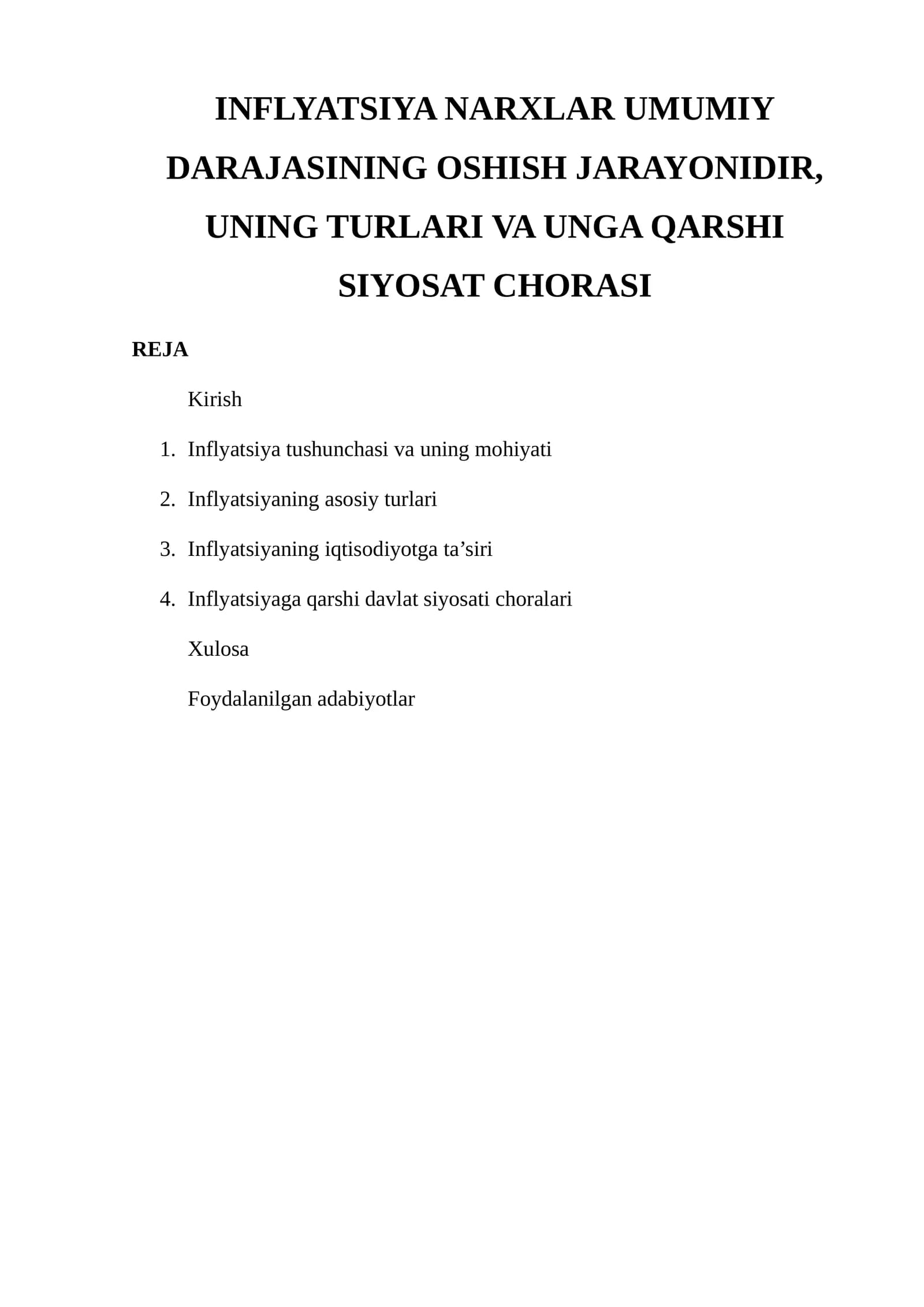 Inflyatsiya Narxlari Umumiy Darajasining Oshish Jarayonidir, Uning Turlari va Ung