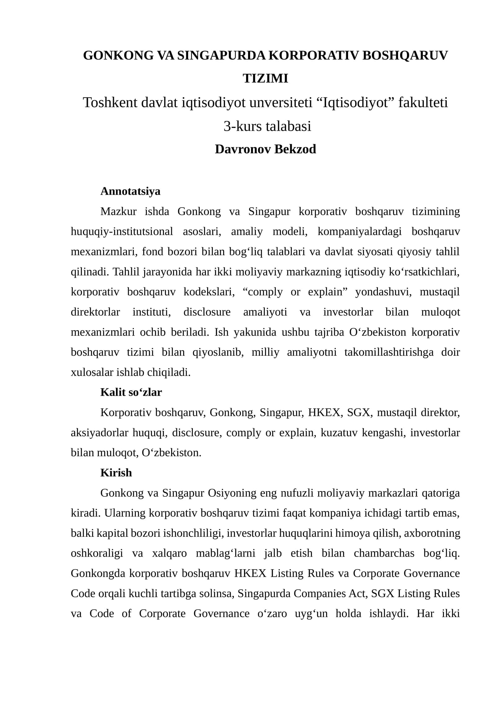 GONKONG VA SINGAPURDA KORPORATIV BOSHQARUV TIZIMI