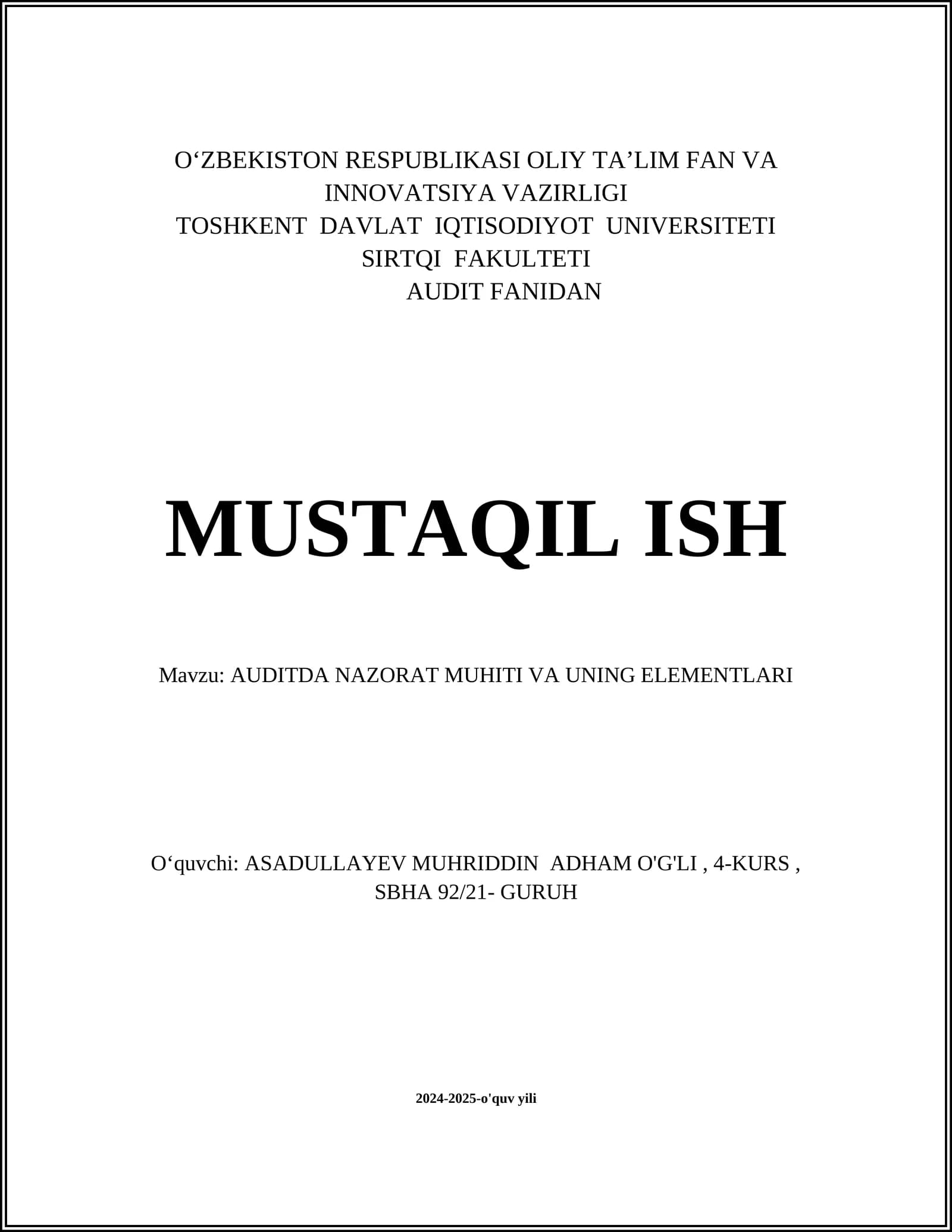 AUDITDA NAZORAT MUHITI VA UNING ELEMENTLARI