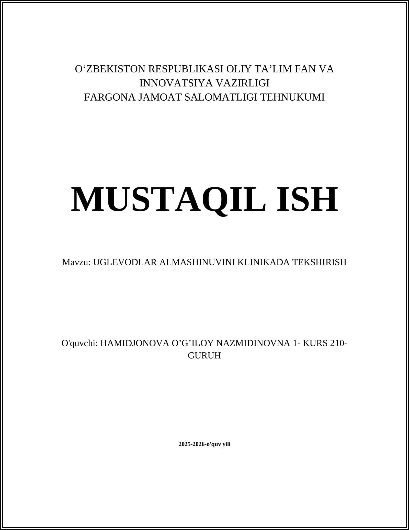 UGLEVODLAR ALMASHINUVINI KLINIKADA TEKSHIRISH