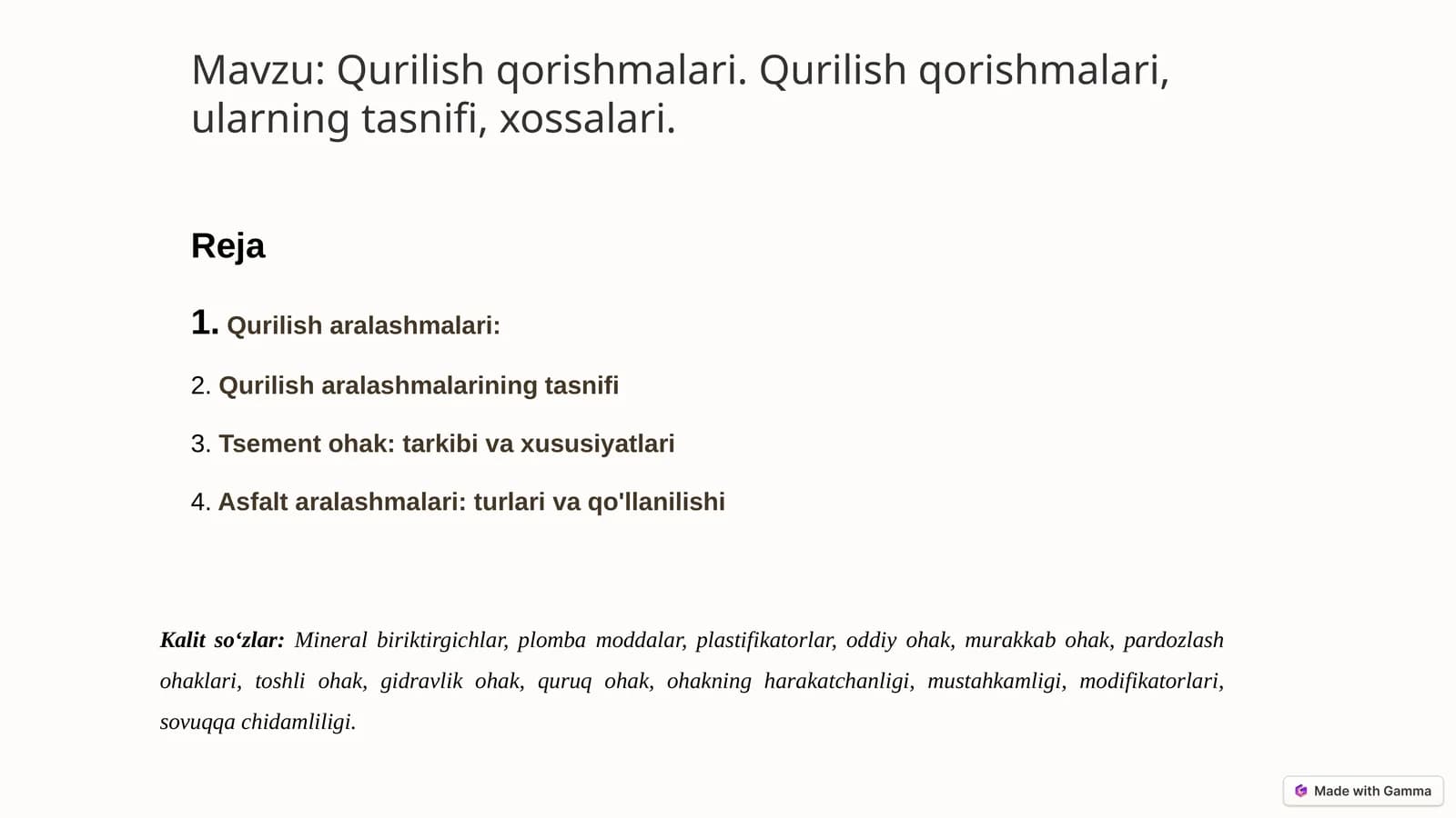 Qurilish qorishmalari. Qurilish qorishmalari, ularning tasnifi, xossalari