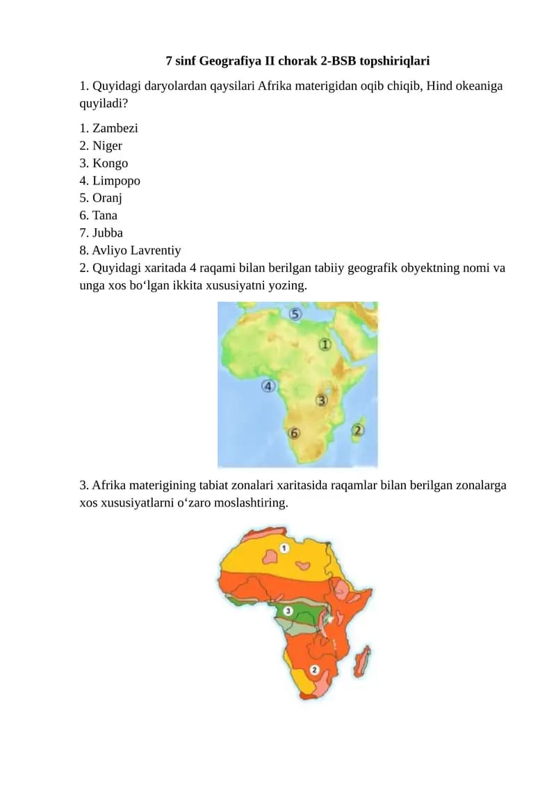7 sinf Geografiya II chorak 2-BSB topshiriqlari