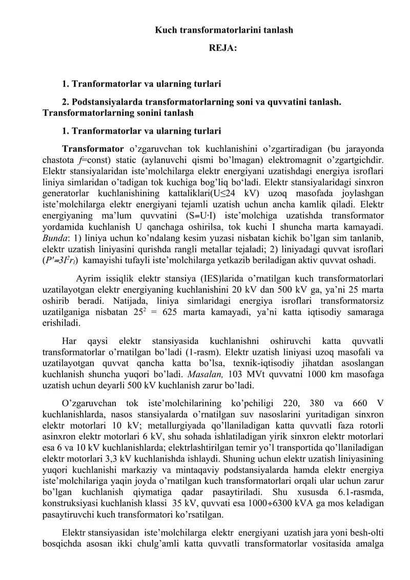 Kuch transformatorlarini tanlash