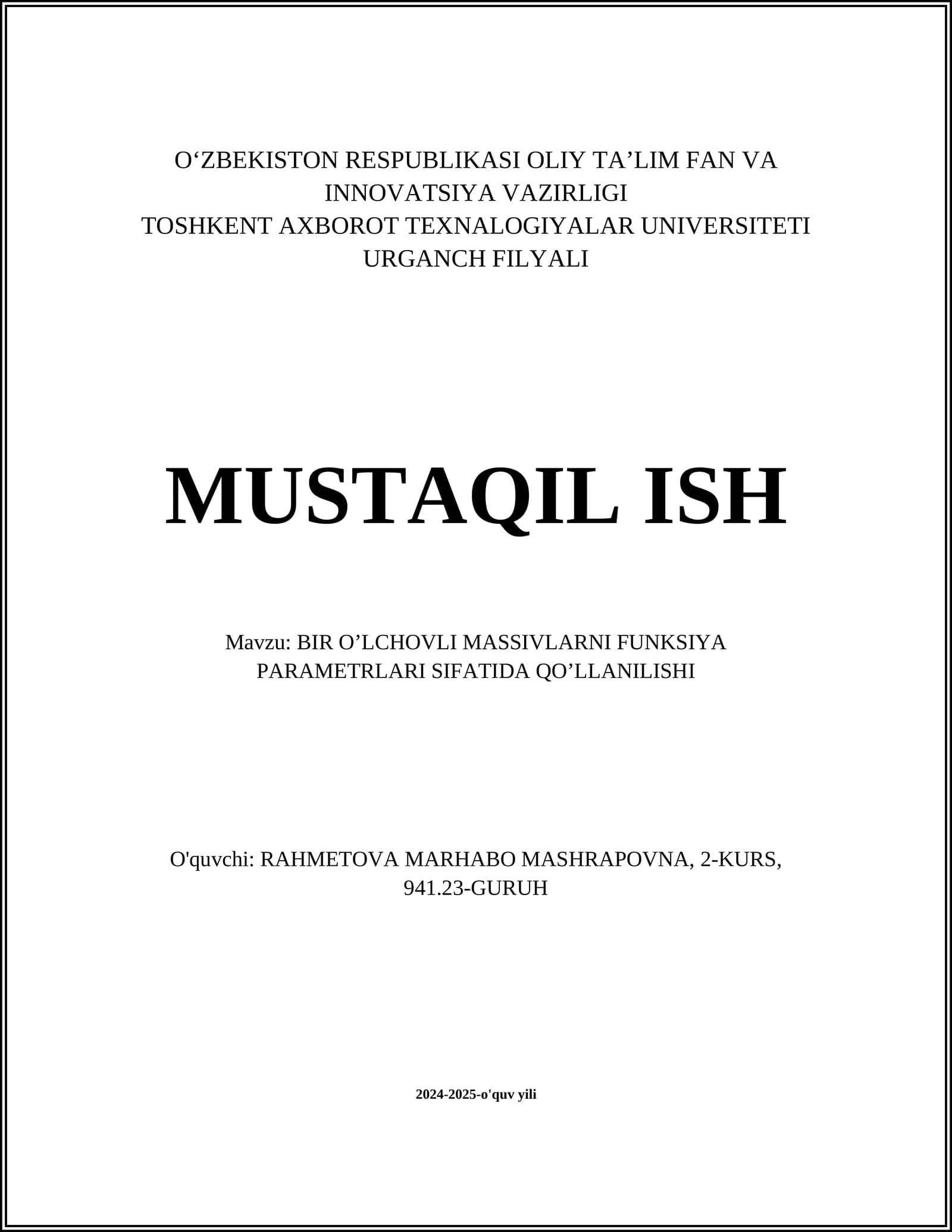 BIR O'LCHOVLI MASSIVLARNI FUNKSIYA PARAMETRLARI SIFATIDA QOʼLLANILISHI