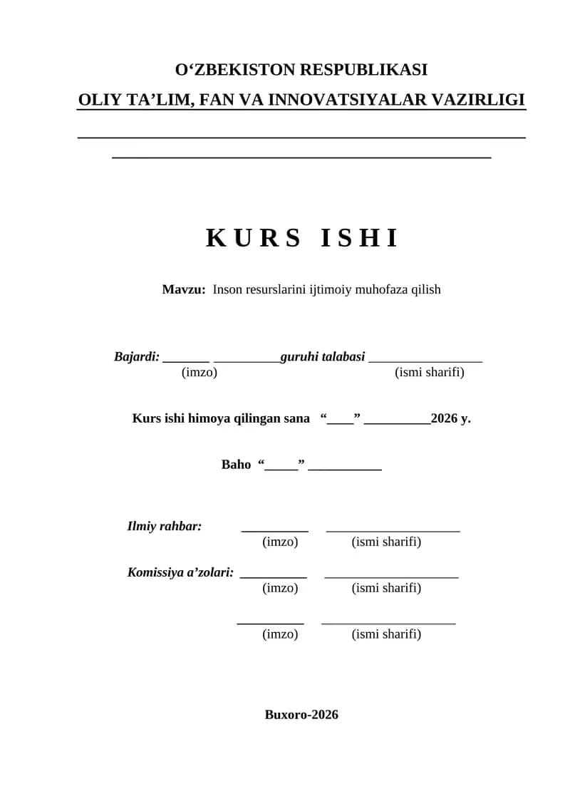 Inson resurslarini ijtimoiy muhofaza qilish kurs ishi