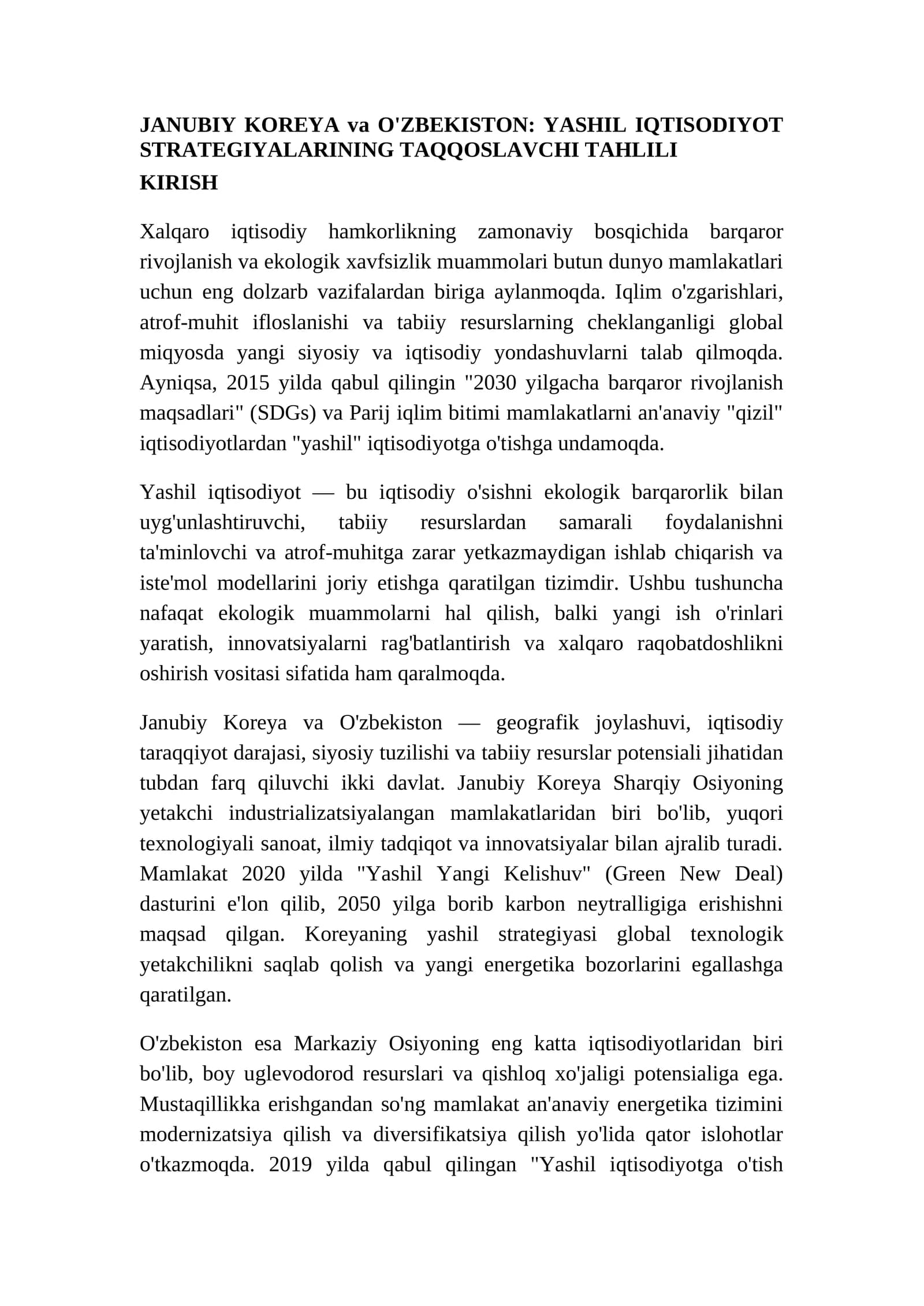 JANUBIY KOREYA va O'ZBEKISTON: YASHIL IQTISODIYOT STRATEGIYALARINING TAQQOSLAVCHI TAHLILI