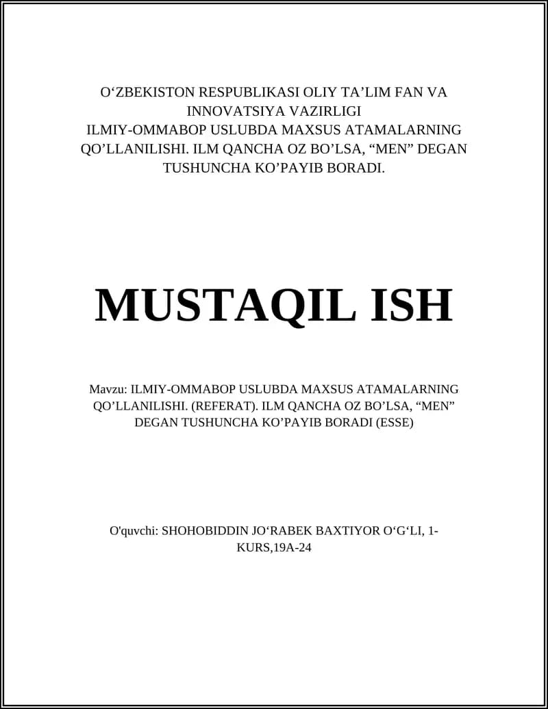 ILMIY-OMMABOP USLUBDA MAXSUS ATAMALARNING QO’LLANILISHI (REFERAT)