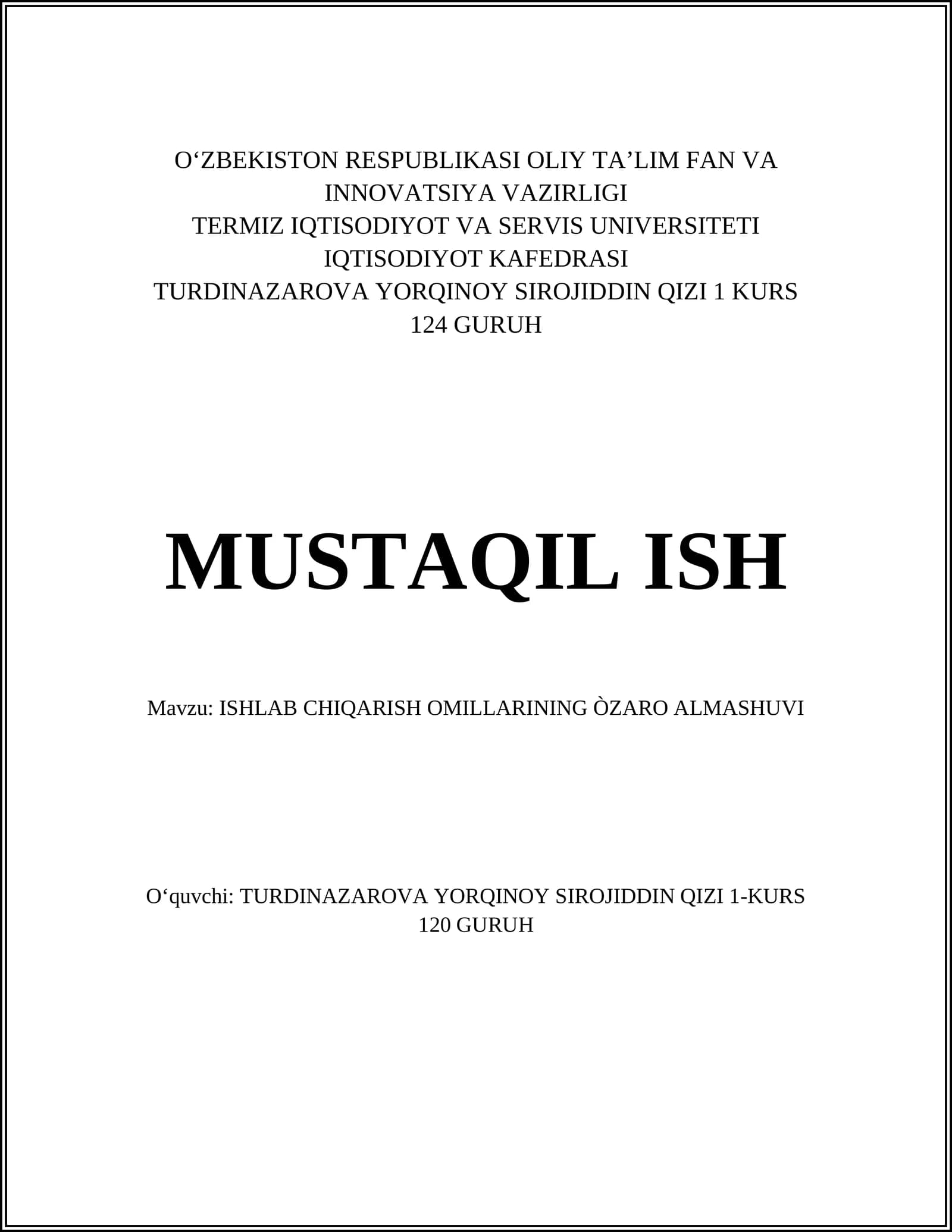 ISHLAB CHIQARISH OMILLARINING ÒZARO ALMASHUVI