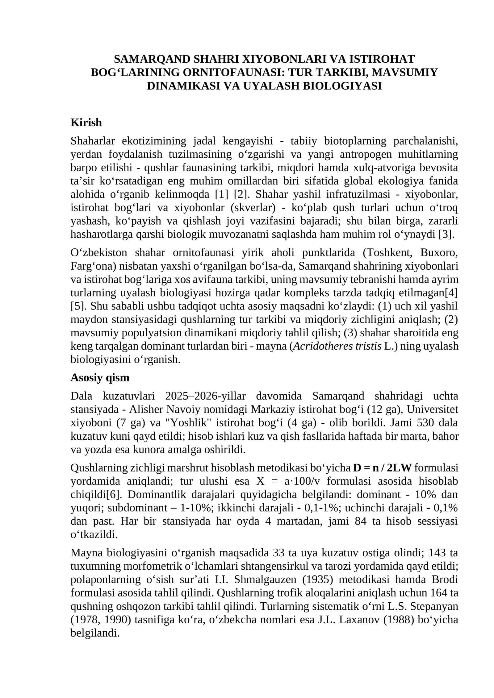 SAMARQAND SHAHRI XIYOBONLARI VA ISTIROHAT BOGʻLARINING ORNITOFAUNASI: TUR TARKIBI, MAVSUMIY DINAMIKASI VA UYALASH BIOLOGIYASI
