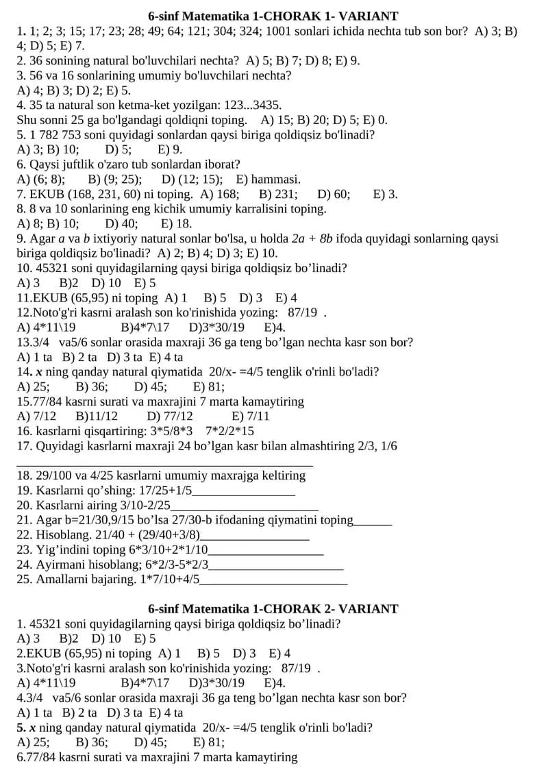 6-sinf Matematika 1-CHORAK 1- VARIANT