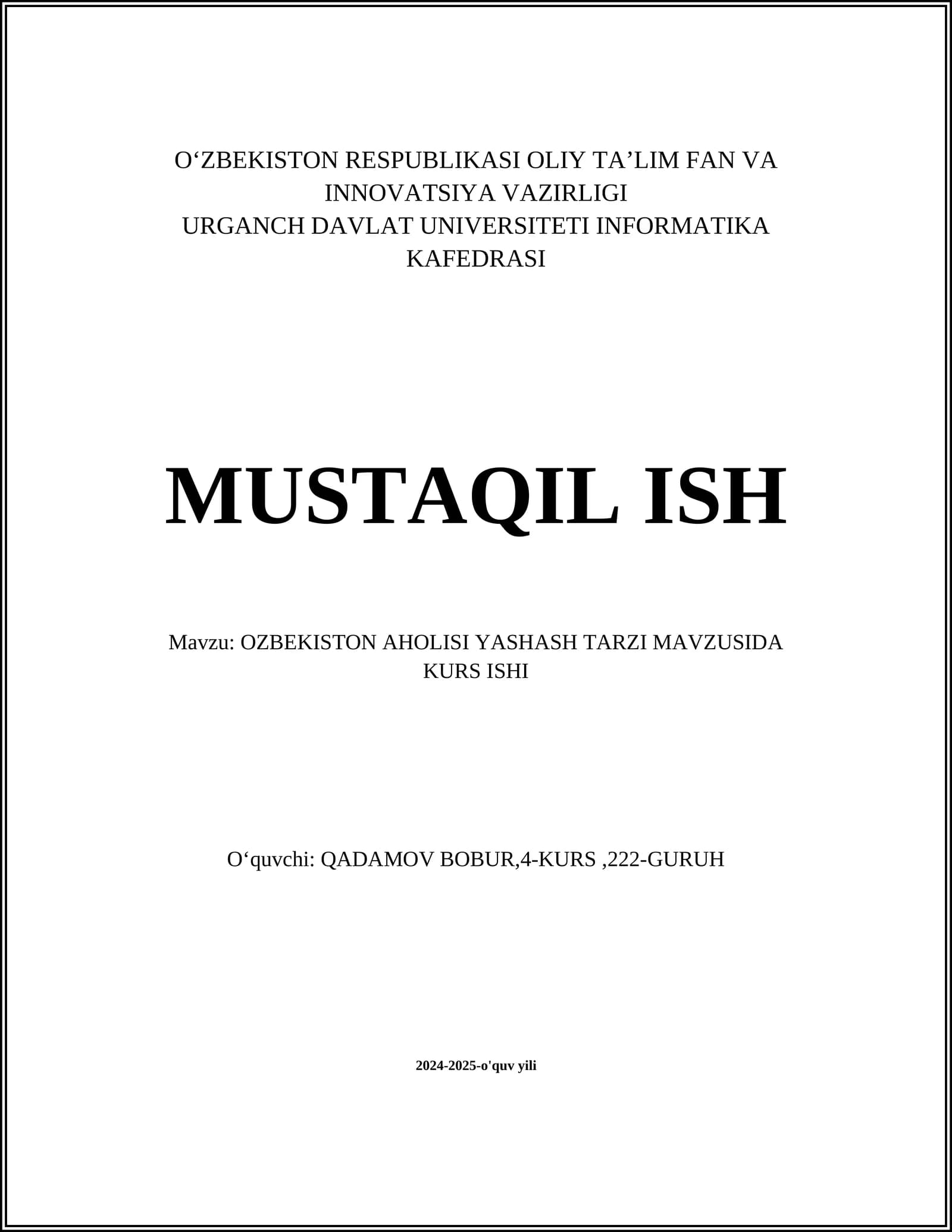 O‘zbekiston aholisi yashash tarzi mavzusida - Kurs ishi