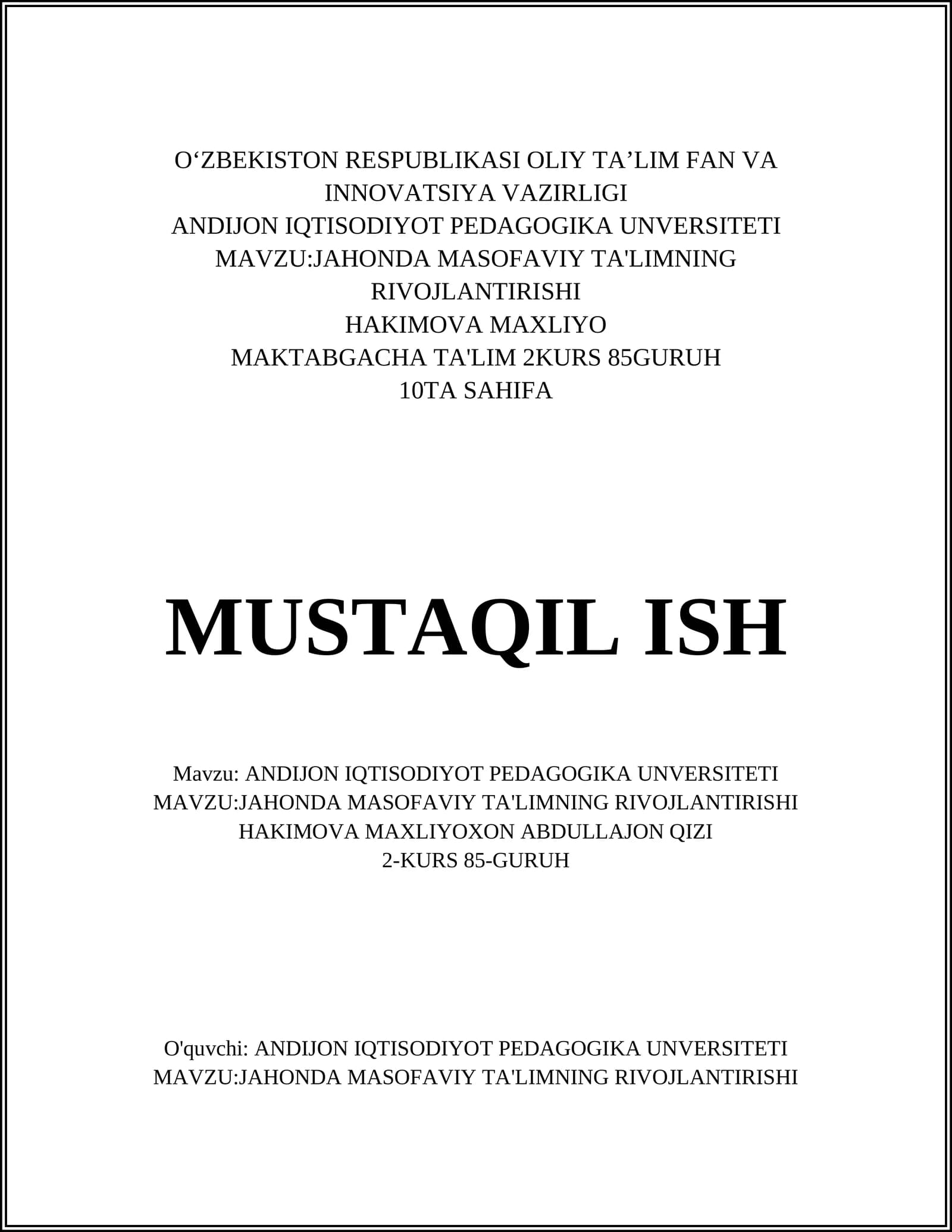 JAHONDA MASOFAVIY TA'LIMNING RIVOJLANTIRISHI