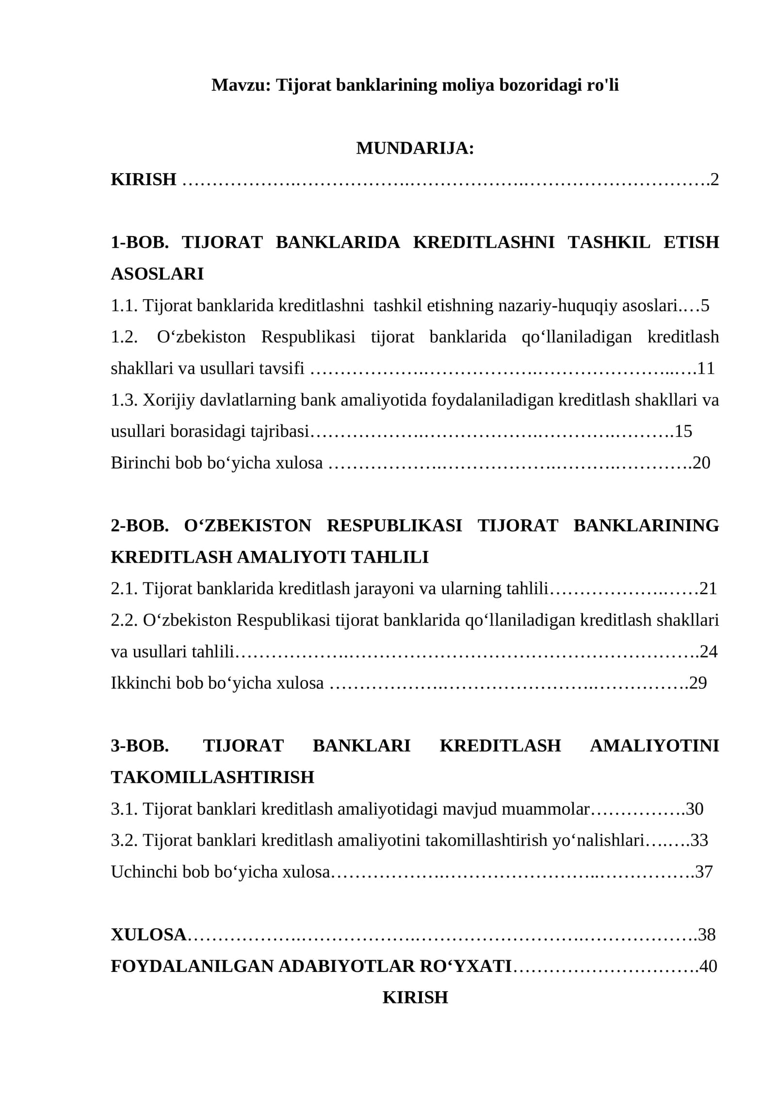 Tijorat banklarining moliya bozoridagi ro'li