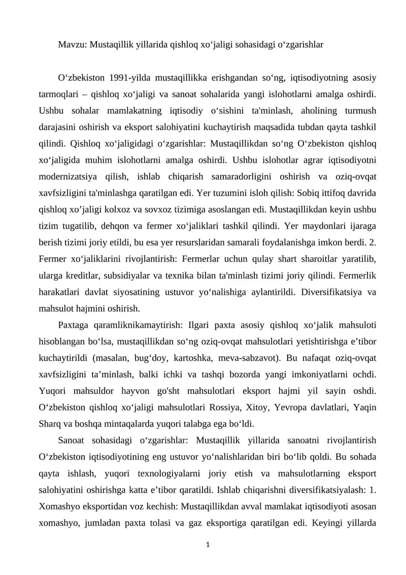 Qishloq xo‘jaligida o‘zgarishlar