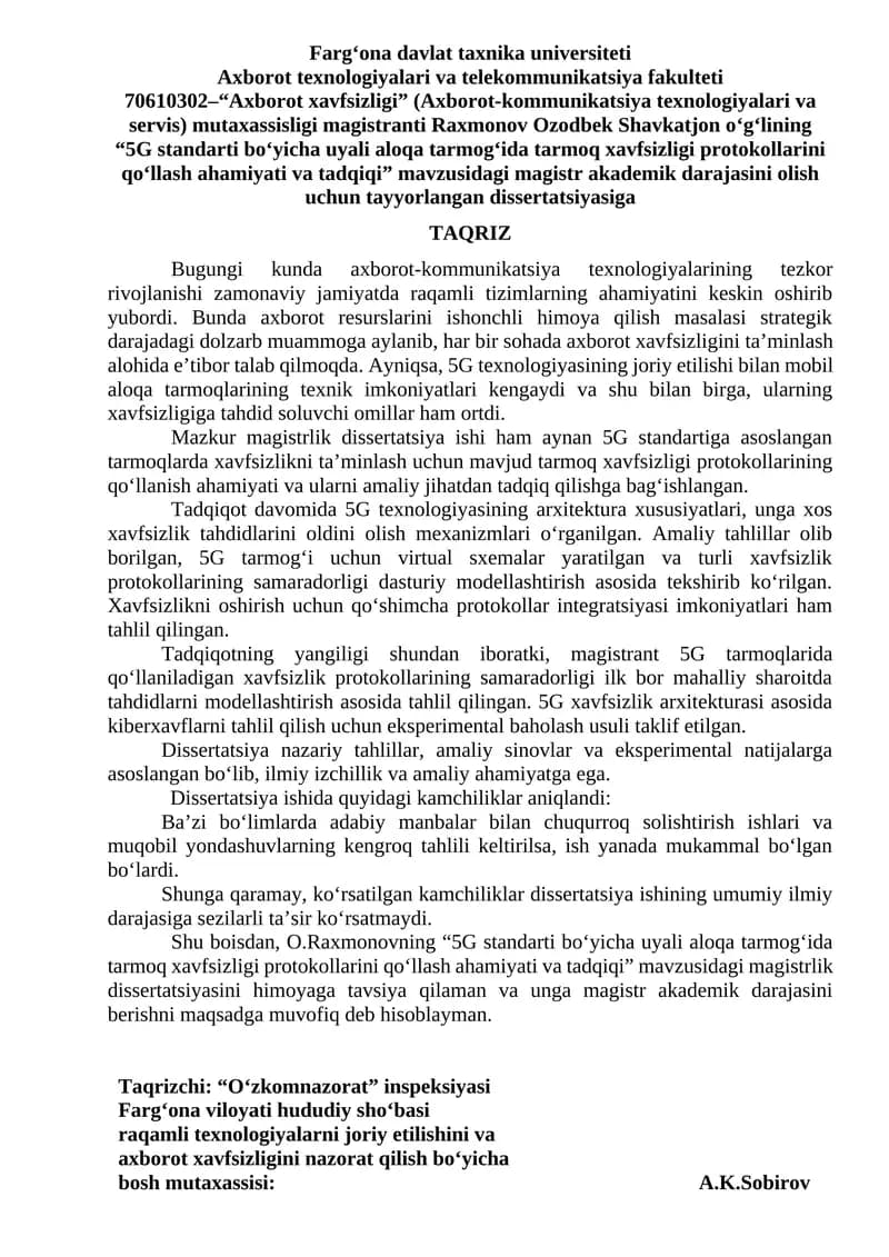 Magistr dissertatsiyasi: "5G standarti bo‘yicha uyali aloqa tarmog‘ida tarmoq xavfsizligi protokollarini qo‘llash ahamiyati va tadqiqi"