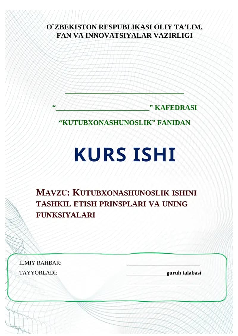 KUTUBXONASHUNOSLIK ISHINI TASHKIL ETISH PRINSPLARI VA UNING FUNKSIYALARI